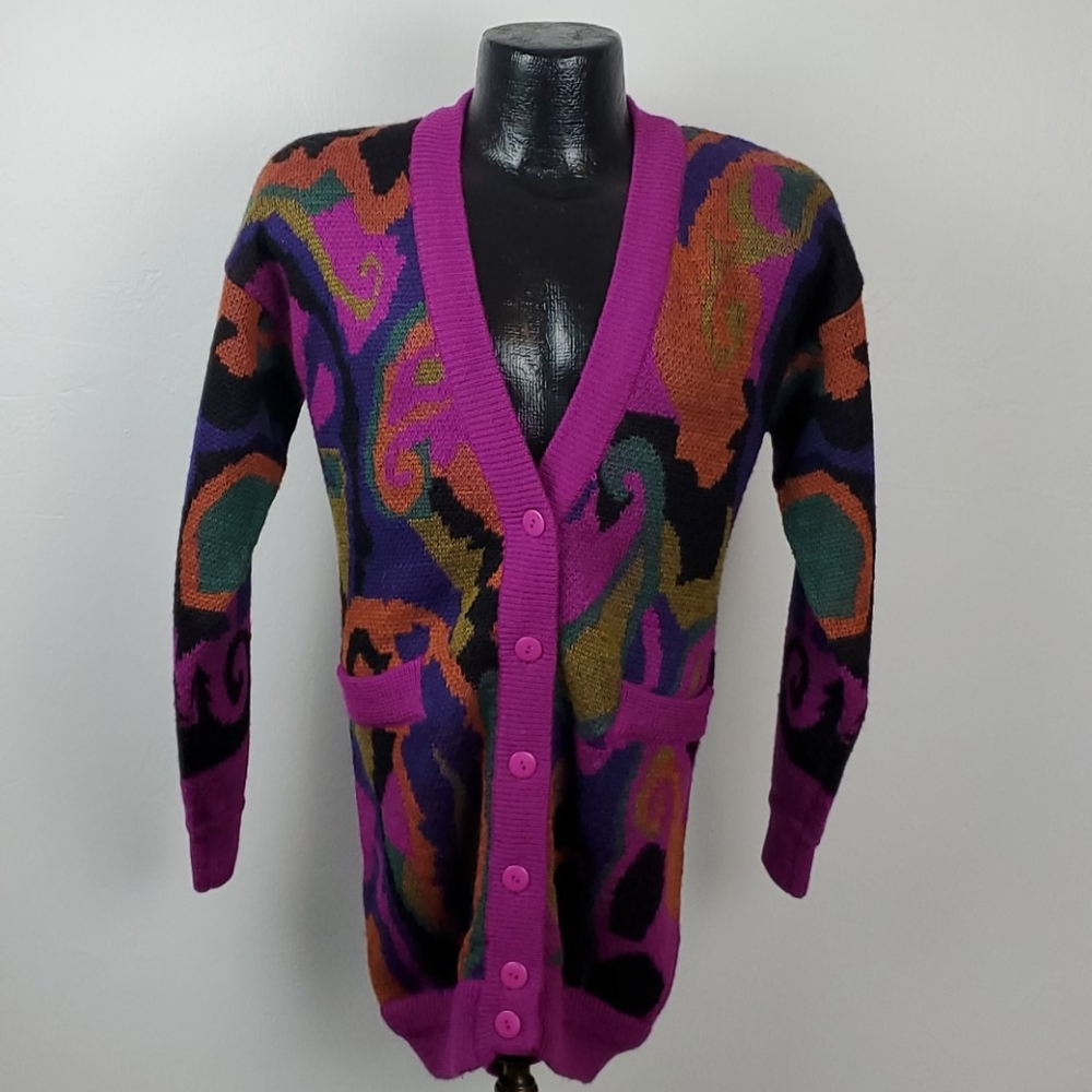 Vintage Cervelle cardigan sweater v-neck knit button purple black women size S